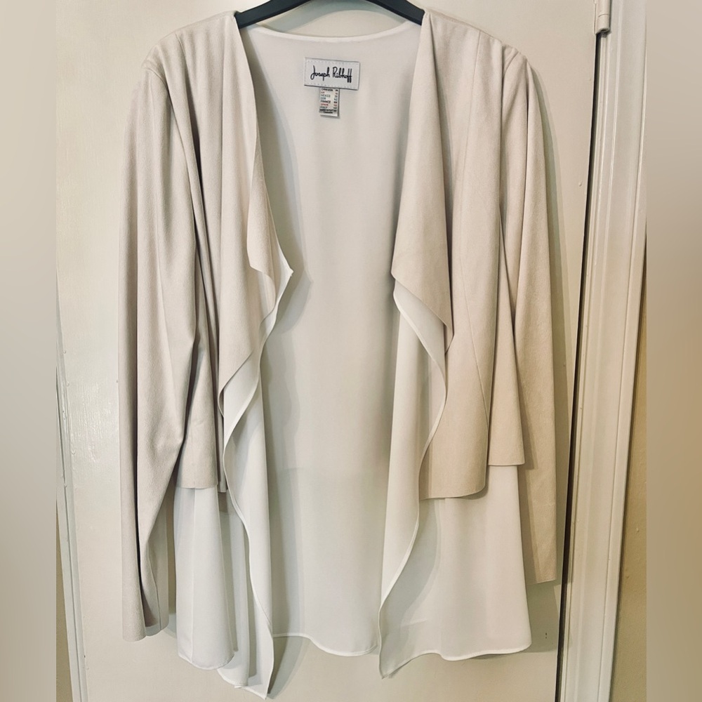 Joseph Ribkoff Italian Cream and White Draped Waterfall Lapels Coverup Jacket